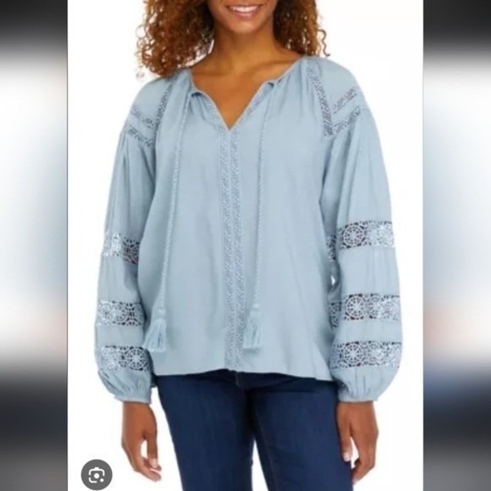 Philosophy Blue Crochet Lace Inset Tassel Tie Peasant Blouse Top Medium